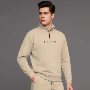 High Neck Beige Sweatshirt with Baggy Cargo Tracksuit